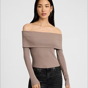 Express Off Shoulder Fitted Overlay  Top Taupe SZ M NWTs